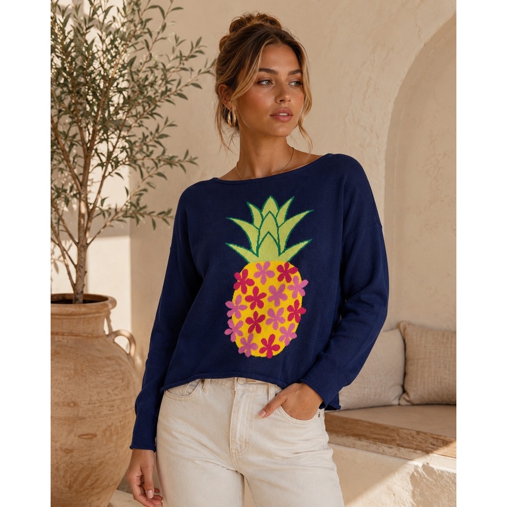 Tori Richard Pineapple Sweater Sz M Navy Blue Tropical Floral Pineapple Knit Top